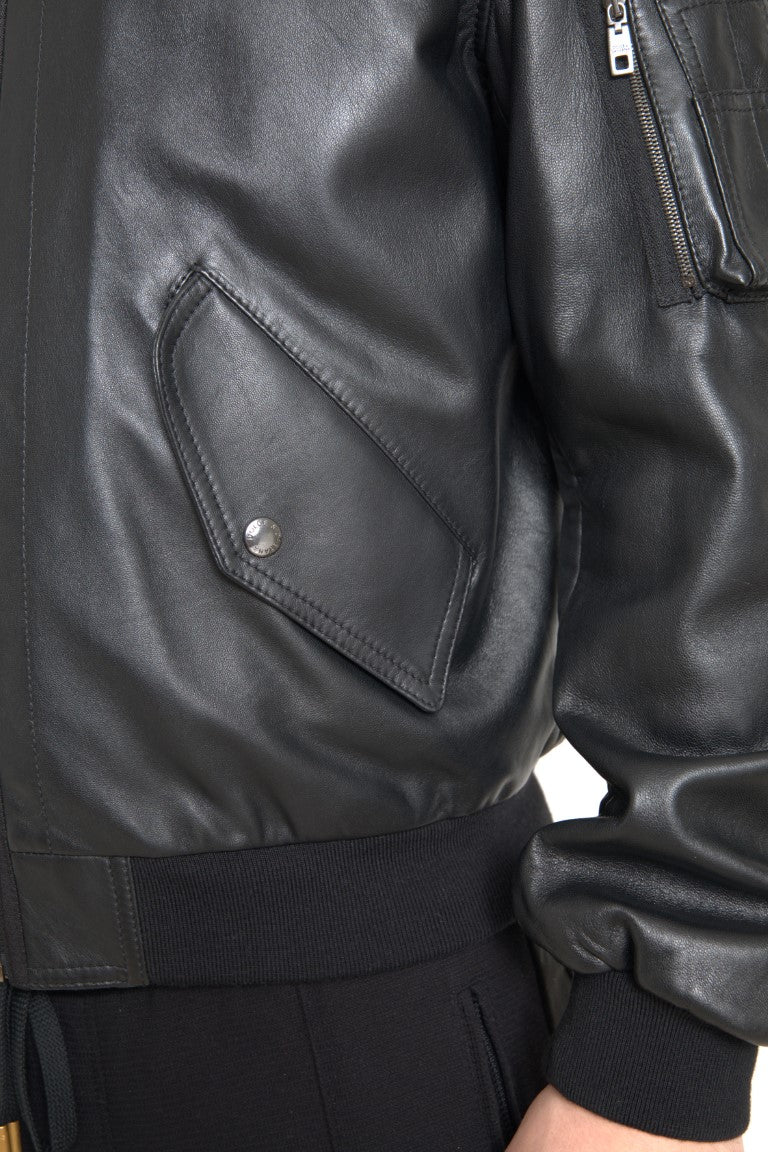 Dolce & Gabbana - Dolce & Gabbana Elegant Black Leather Bomber Jacket - JKT3659 - 44 - Ask Me Wear