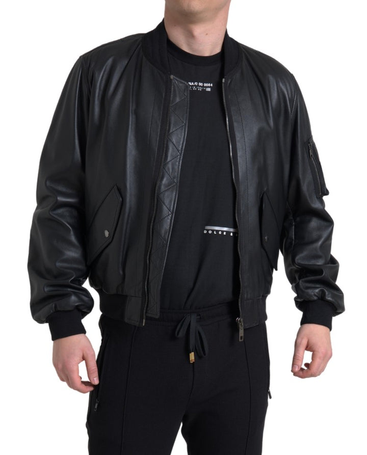 Dolce & Gabbana - Dolce & Gabbana Elegant Black Leather Bomber Jacket - JKT3659 - 44 - Ask Me Wear