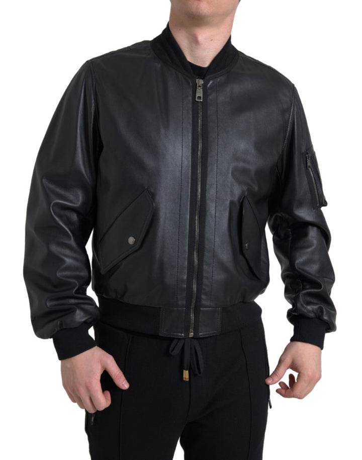 Dolce & Gabbana - Dolce & Gabbana Elegant Black Leather Bomber Jacket - JKT3659 - 44 - Ask Me Wear