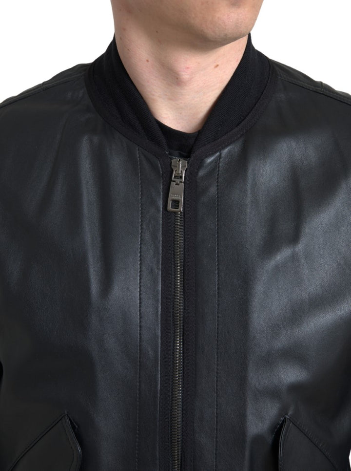 Dolce & Gabbana - Dolce & Gabbana Elegant Black Leather Bomber Jacket - JKT3659 - 44 - Ask Me Wear