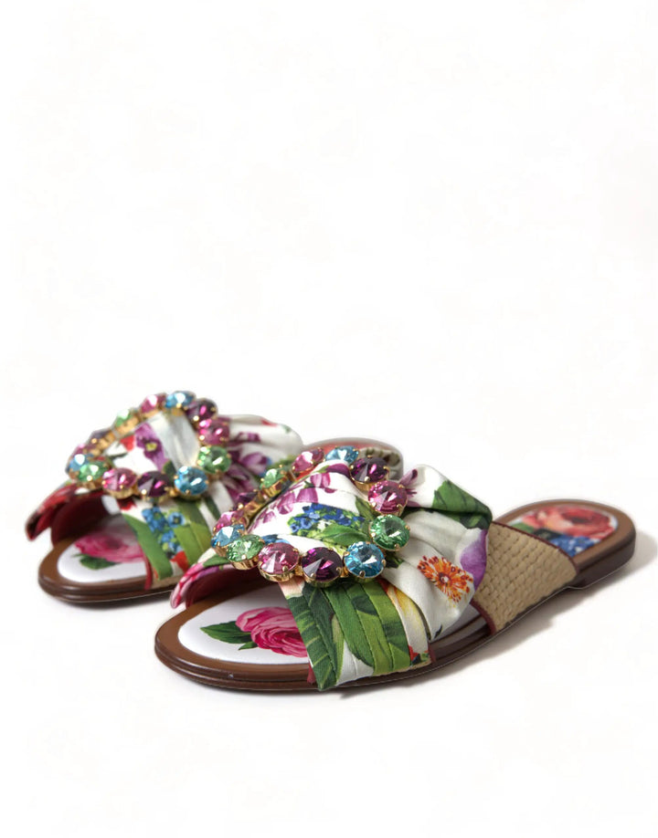 Dolce &amp; Gabbana Multicolor Floral Flats Crystal Sandals Shoes