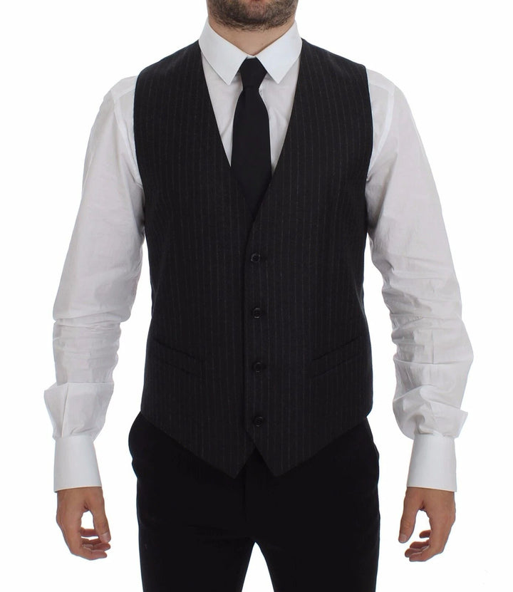 Dolce &amp; Gabbana Gray Striped Wool Logo Vest Gilet Vests by Dolce &amp; Gabbana outlet now on sale