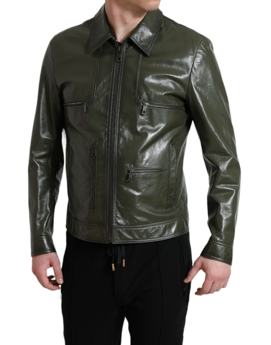 Dolce & Gabbana - Dolce & Gabbana Emerald Elegance Leather Biker Jacket - JKT3755 - 50 - Ask Me Wear