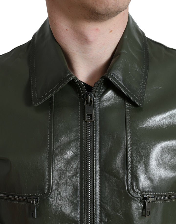 Dolce & Gabbana - Dolce & Gabbana Emerald Elegance Leather Biker Jacket - JKT3755 - 50 - Ask Me Wear