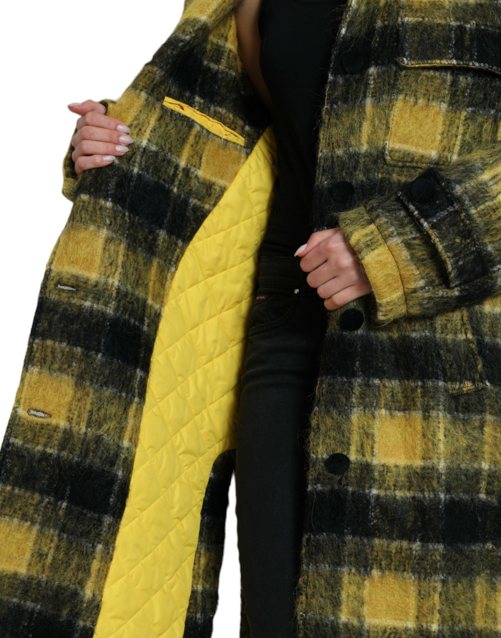 【VIP価格】DOLCE & GABBANA Sunshine Yellow Plaid Coat Dolce & Gabbana Chic Plaid Long Coat in Sunshine Women's