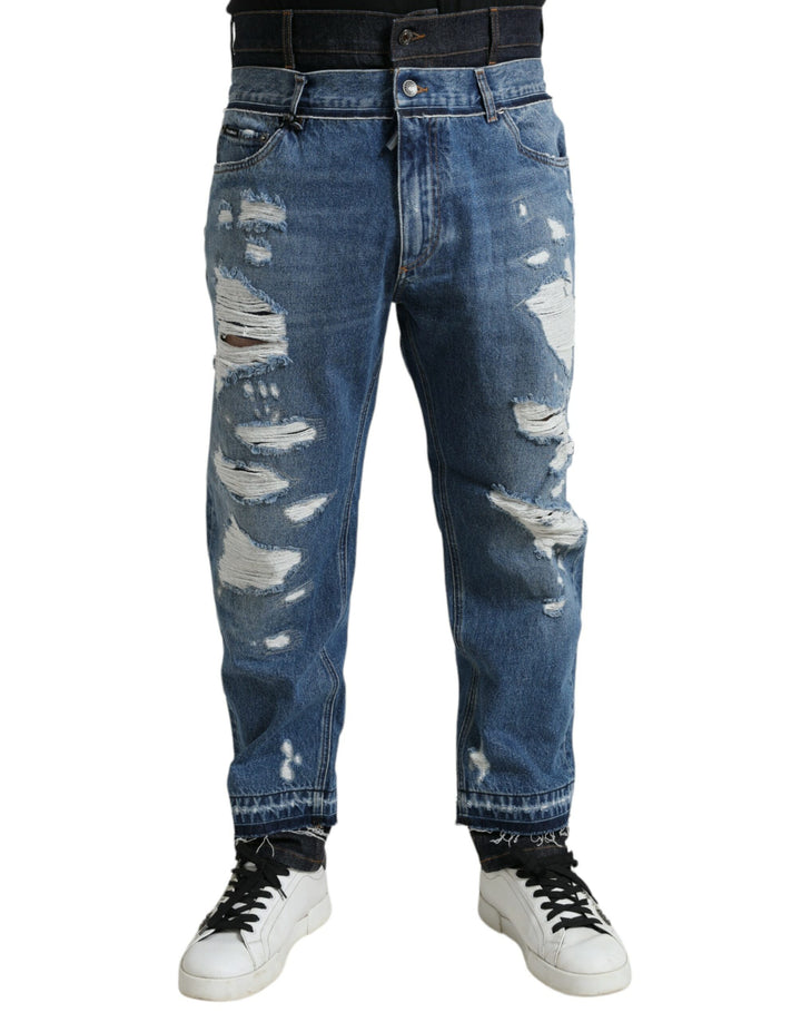 Dolce &amp; Gabbana Blue Tattered Cotton Men Denim Jeans by Dolce &amp; Gabbana outlet now on sale