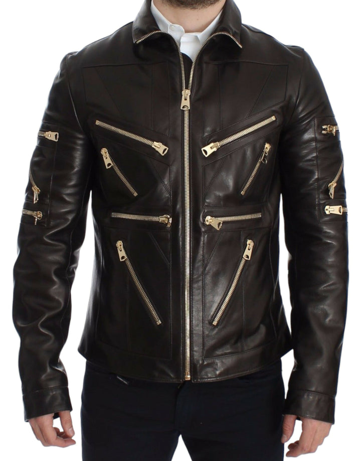 Dolce & Gabbana - Dolce & Gabbana Elegant Brown Gold - Detailed Leather Jacket - SIG14073 - 3 - Ask Me Wear