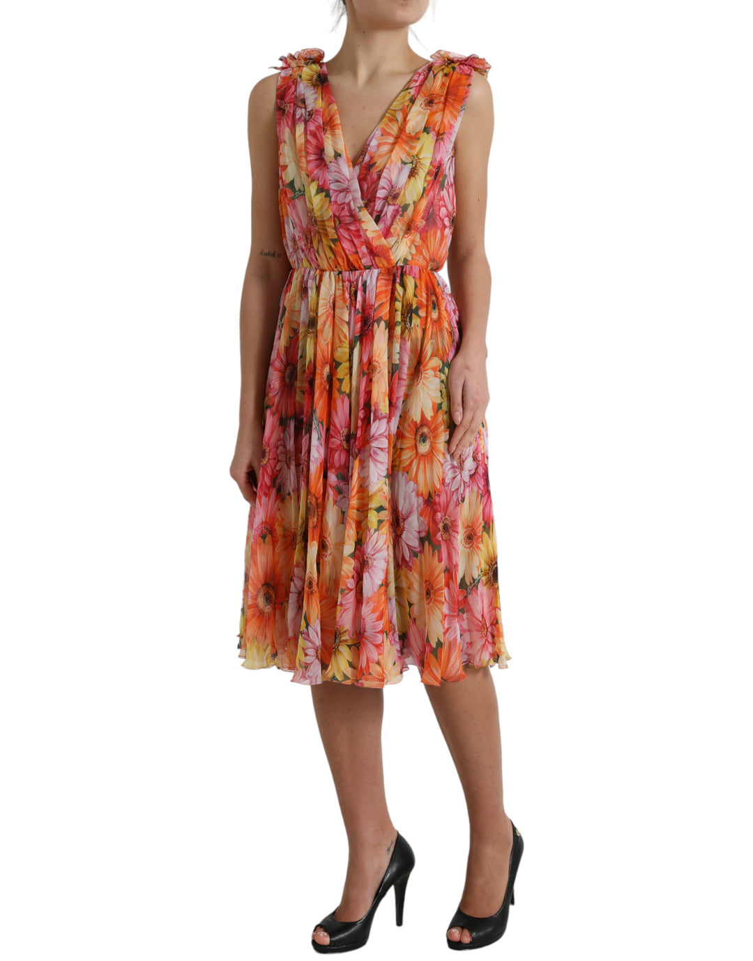 Dolce & Gabbana Elegant Floral Silk Midi Dress with V-Neck