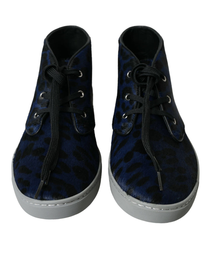 Dolce &amp; Gabbana Sample Sale Dolce &amp; Gabbana Blue Calfskin Leopard Mid Top Sneakers Shoes - | Designer outlet