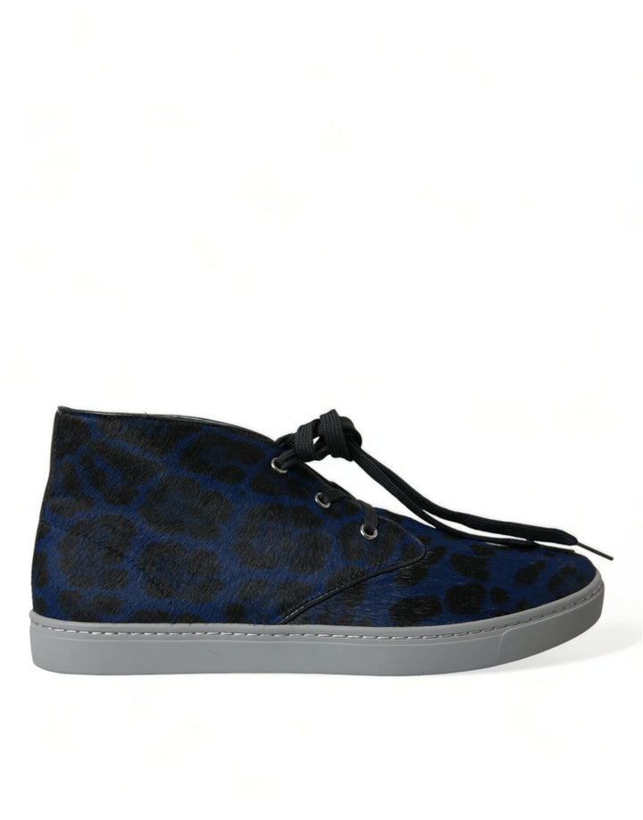 Dolce &amp; Gabbana Sample Sale Dolce &amp; Gabbana Blue Calfskin Leopard Mid Top Sneakers Shoes - | Designer outlet