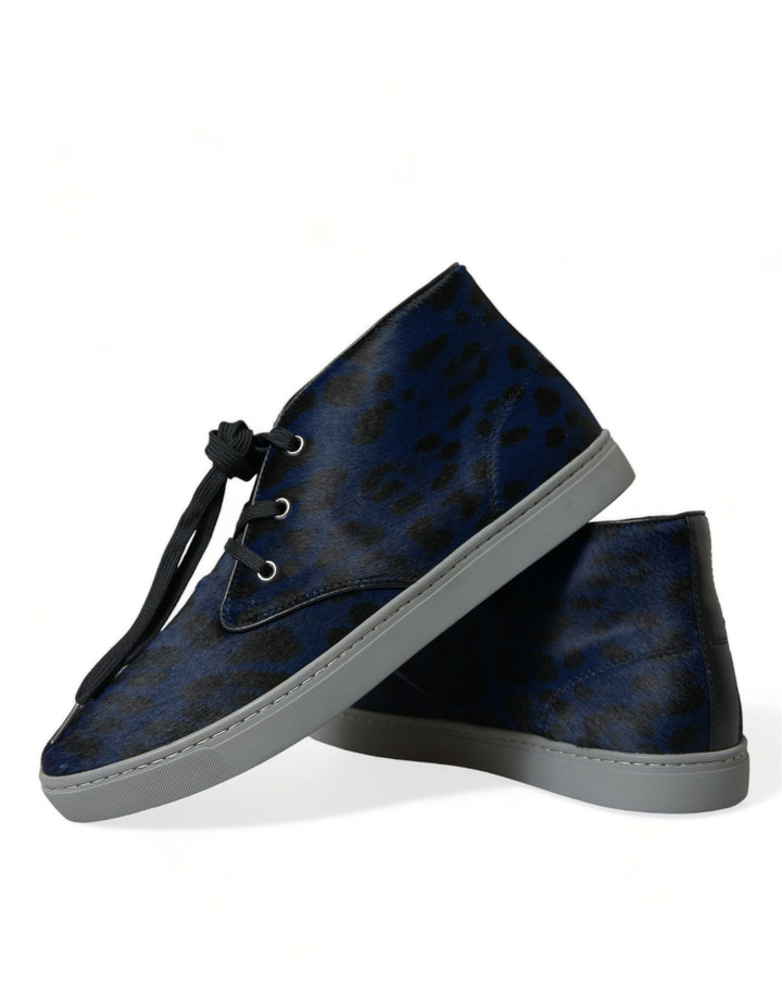 Dolce &amp; Gabbana Sample Sale Dolce &amp; Gabbana Blue Calfskin Leopard Mid Top Sneakers Shoes - | Designer outlet
