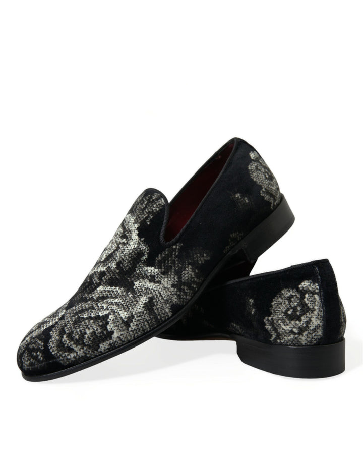 Dolce & Gabbana Black Floral Slippers Men Loafers Dress Shoes by Dolce & Gabbana outlet now on sale