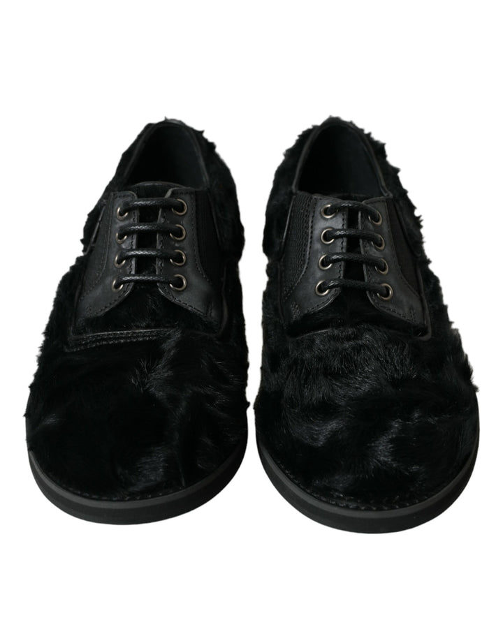 Dolce &amp; Gabbana Black Fur Leather Lace Up Derby Dress Shoes by Dolce &amp; Gabbana outlet now on sale