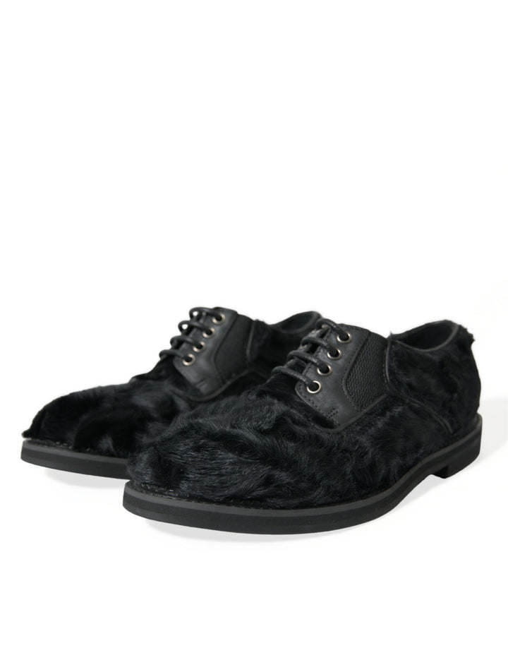 Dolce &amp; Gabbana Black Fur Leather Lace Up Derby Dress Shoes by Dolce &amp; Gabbana outlet now on sale