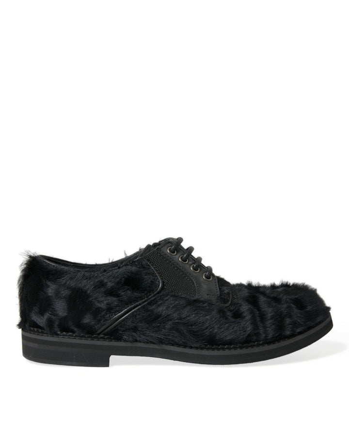 Dolce &amp; Gabbana Black Fur Leather Lace Up Derby Dress Shoes by Dolce &amp; Gabbana outlet now on sale