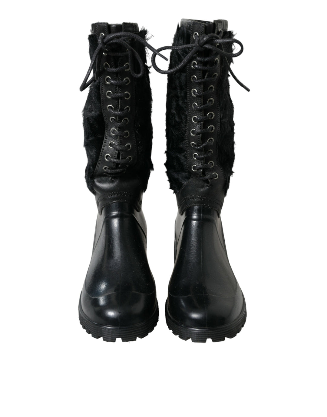 Dolce &amp; Gabbana Sample Sale Dolce &amp; Gabbana Black Rubber Lace Up Shearling Rain Boots Shoes - | Designer outlet