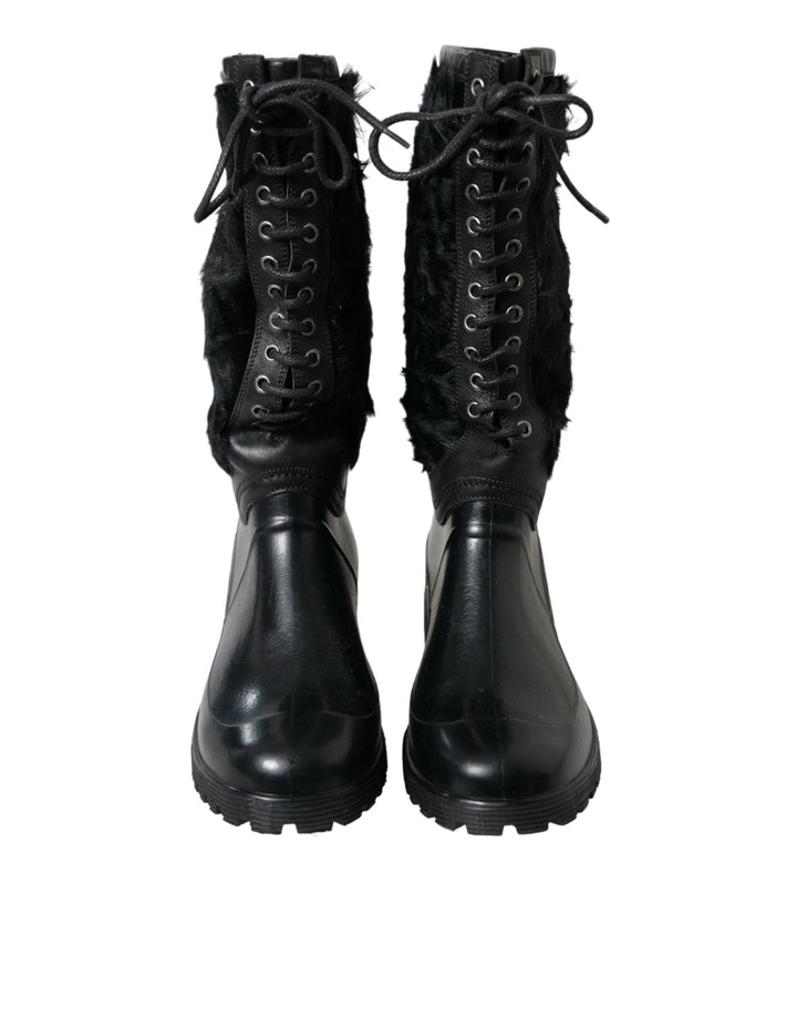 Dolce &amp; Gabbana Sample Sale Dolce &amp; Gabbana Black Rubber Lace Up Shearling Rain Boots Shoes - | Designer outlet