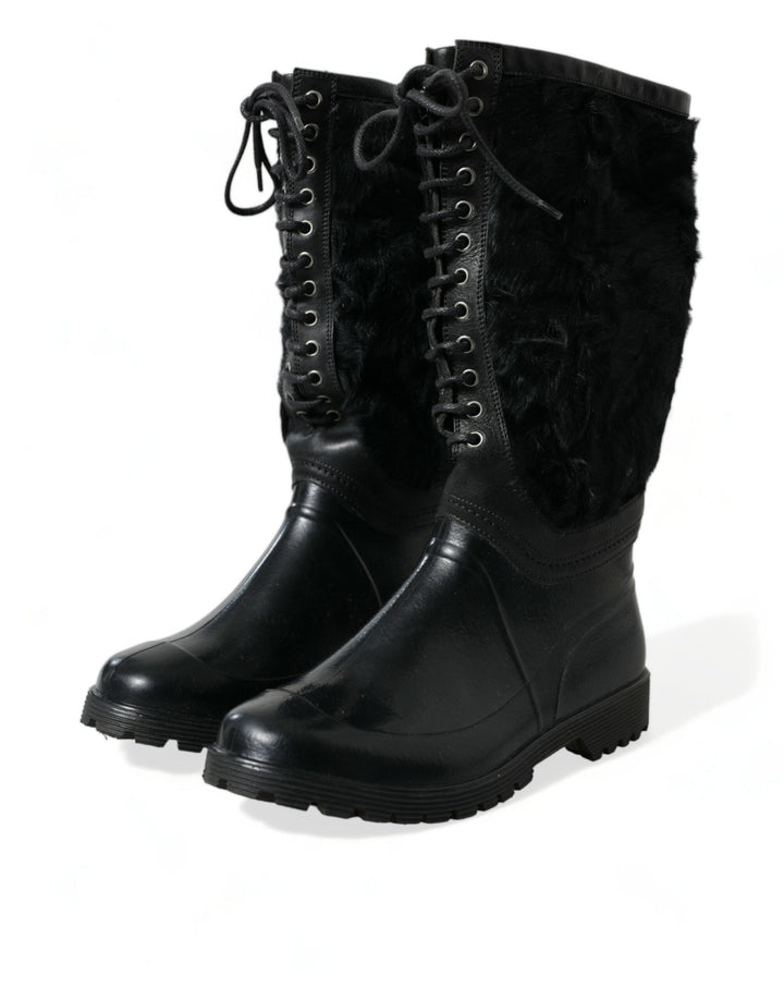 Dolce &amp; Gabbana Sample Sale Dolce &amp; Gabbana Black Rubber Lace Up Shearling Rain Boots Shoes - | Designer outlet
