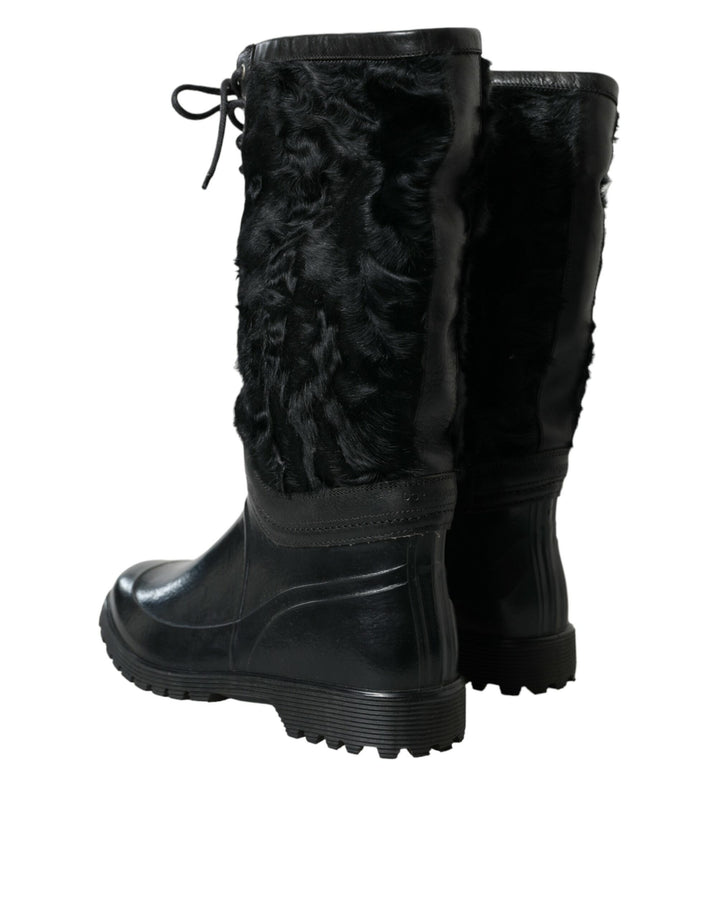 Dolce &amp; Gabbana Sample Sale Dolce &amp; Gabbana Black Rubber Lace Up Shearling Rain Boots Shoes - | Designer outlet