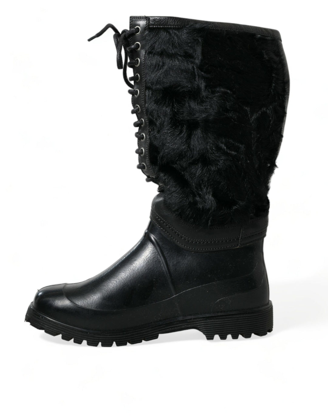 Dolce &amp; Gabbana Sample Sale Dolce &amp; Gabbana Black Rubber Lace Up Shearling Rain Boots Shoes - | Designer outlet