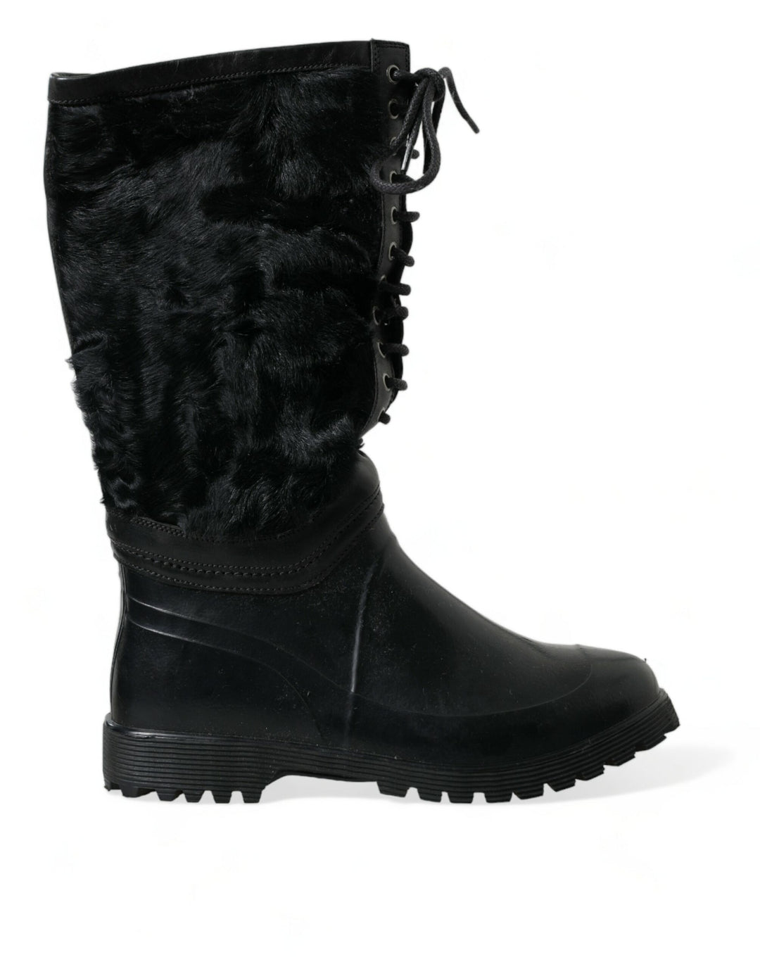 Dolce &amp; Gabbana Sample Sale Dolce &amp; Gabbana Black Rubber Lace Up Shearling Rain Boots Shoes - | Designer outlet