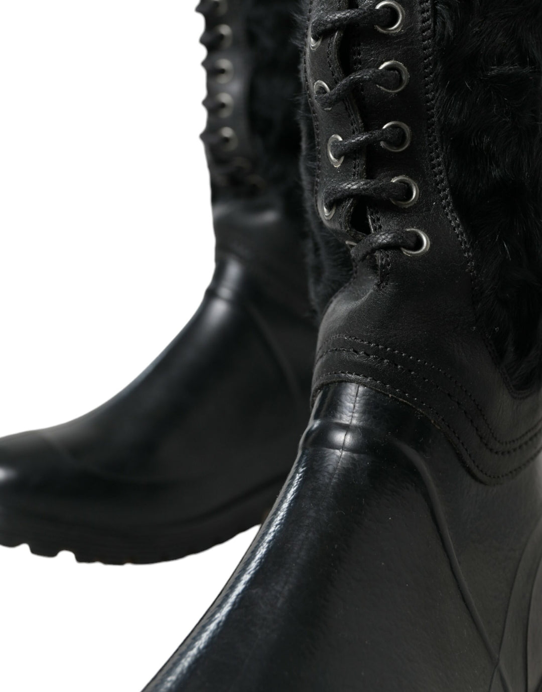 Dolce &amp; Gabbana Sample Sale Dolce &amp; Gabbana Black Rubber Lace Up Shearling Rain Boots Shoes - | Designer outlet