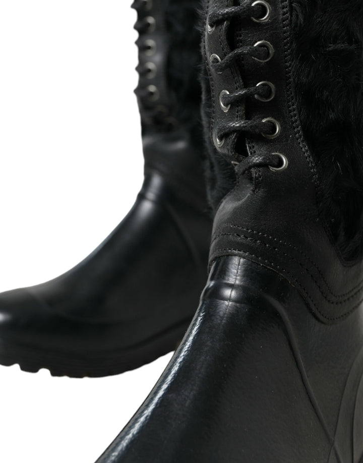 Dolce &amp; Gabbana Sample Sale Dolce &amp; Gabbana Black Rubber Lace Up Shearling Rain Boots Shoes - | Designer outlet