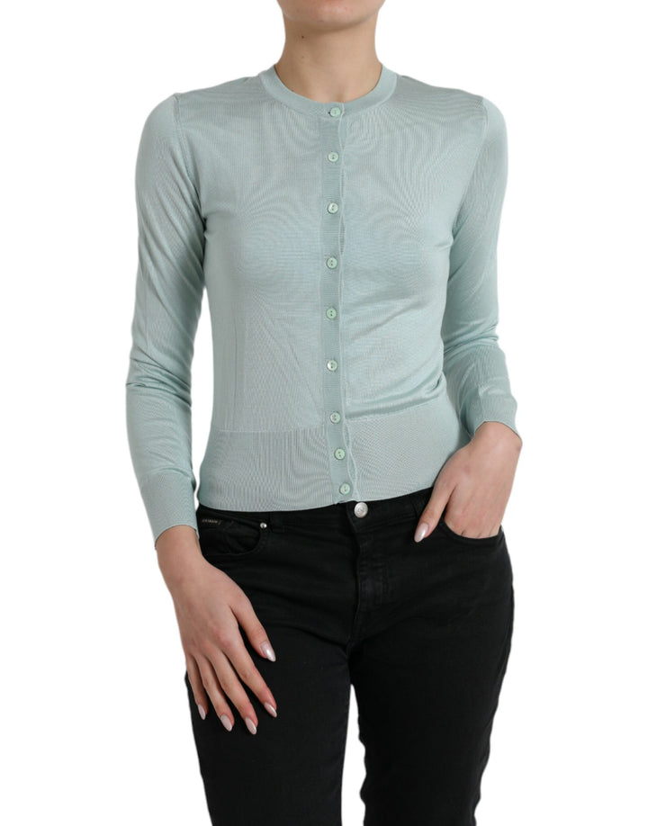 Dolce &amp; Gabbana Sample Sale Dolce &amp; Gabbana Light Blue Silk Crew Neck Cardigan Sweater - | Designer outlet