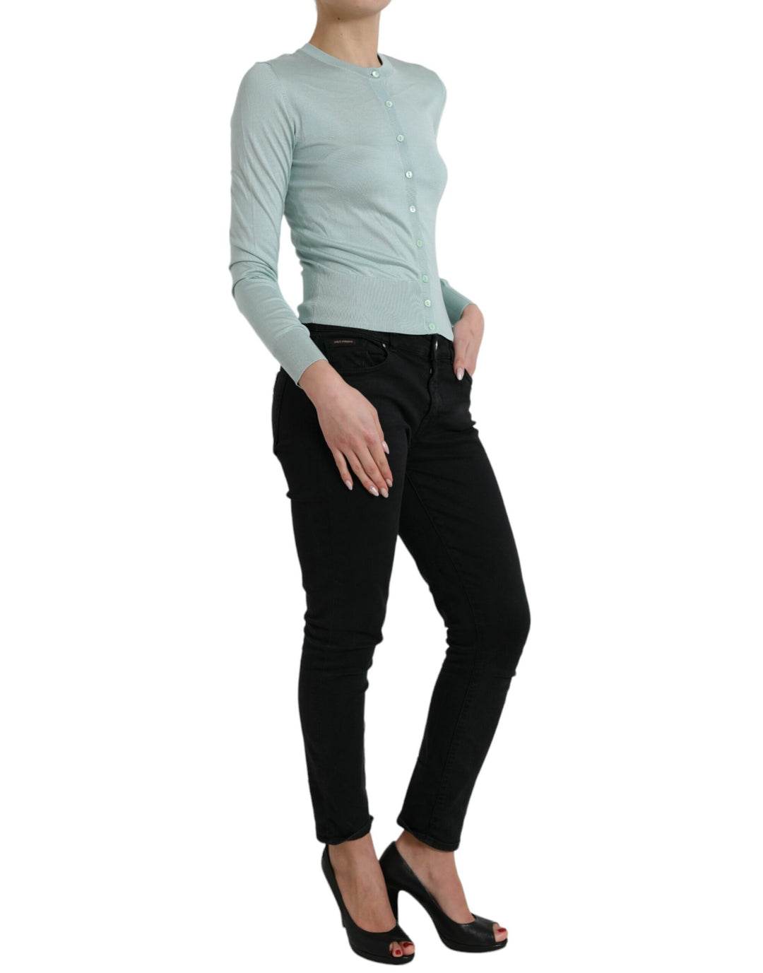Dolce &amp; Gabbana Sample Sale Dolce &amp; Gabbana Light Blue Silk Crew Neck Cardigan Sweater - | Designer outlet