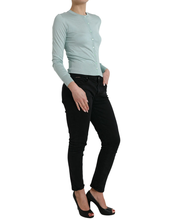 Dolce &amp; Gabbana Sample Sale Dolce &amp; Gabbana Light Blue Silk Crew Neck Cardigan Sweater - | Designer outlet