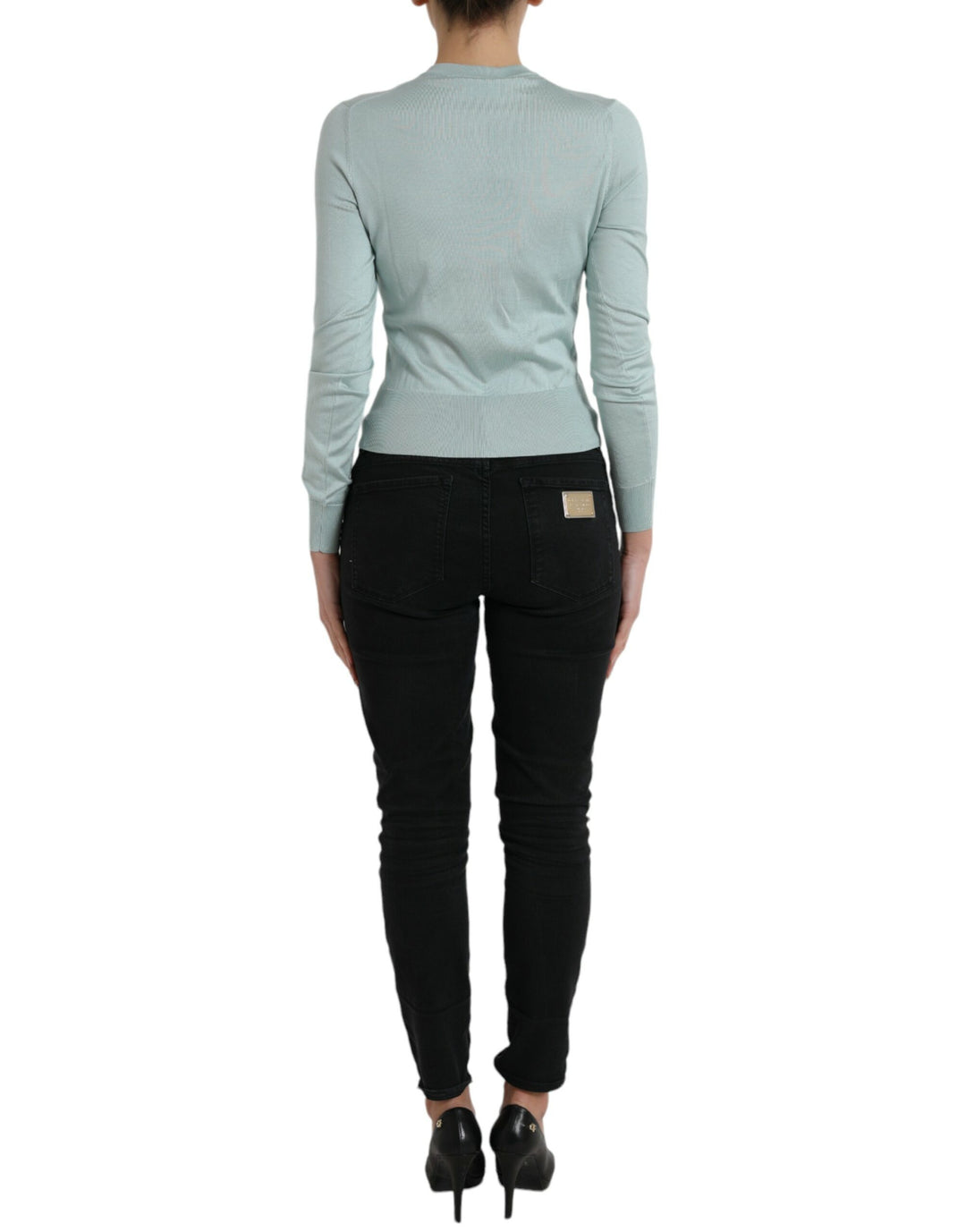 Dolce &amp; Gabbana Sample Sale Dolce &amp; Gabbana Light Blue Silk Crew Neck Cardigan Sweater - | Designer outlet
