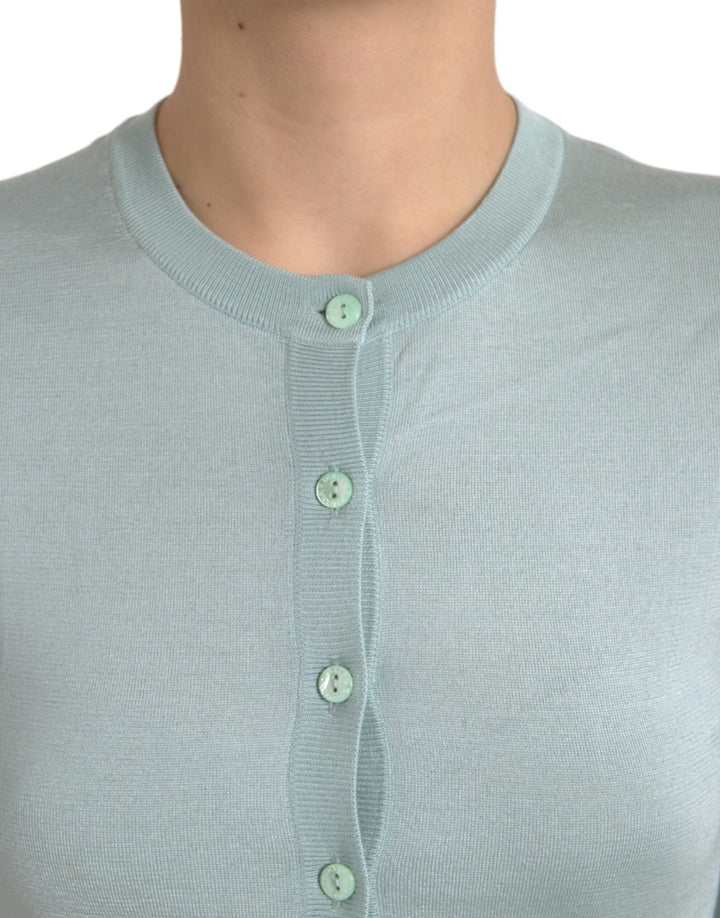 Dolce &amp; Gabbana Sample Sale Dolce &amp; Gabbana Light Blue Silk Crew Neck Cardigan Sweater - | Designer outlet