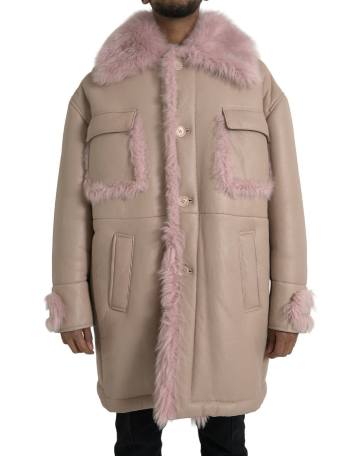 Dolce & Gabbana - Dolce & Gabbana Beige Pink Lamb Leather Shearling Coat Jacket - JKT3853 - 52 - Ask Me Wear