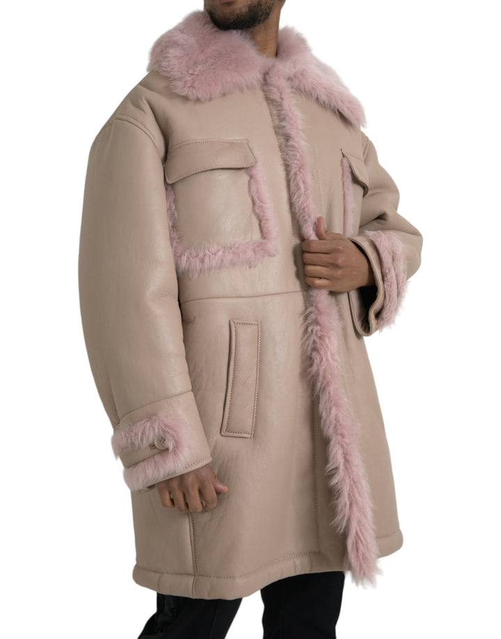 Dolce & Gabbana - Dolce & Gabbana Beige Pink Lamb Leather Shearling Coat Jacket - JKT3853 - 52 - Ask Me Wear