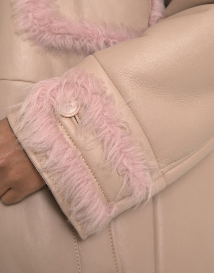 Dolce & Gabbana - Dolce & Gabbana Beige Pink Lamb Leather Shearling Coat Jacket - JKT3853 - 52 - Ask Me Wear