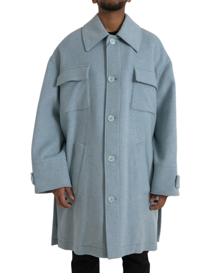 Dolce & Gabbana - Dolce & Gabbana Light Blue Wool Button Trench Coat Jacket - JKT3848 - 52 - Ask Me Wear