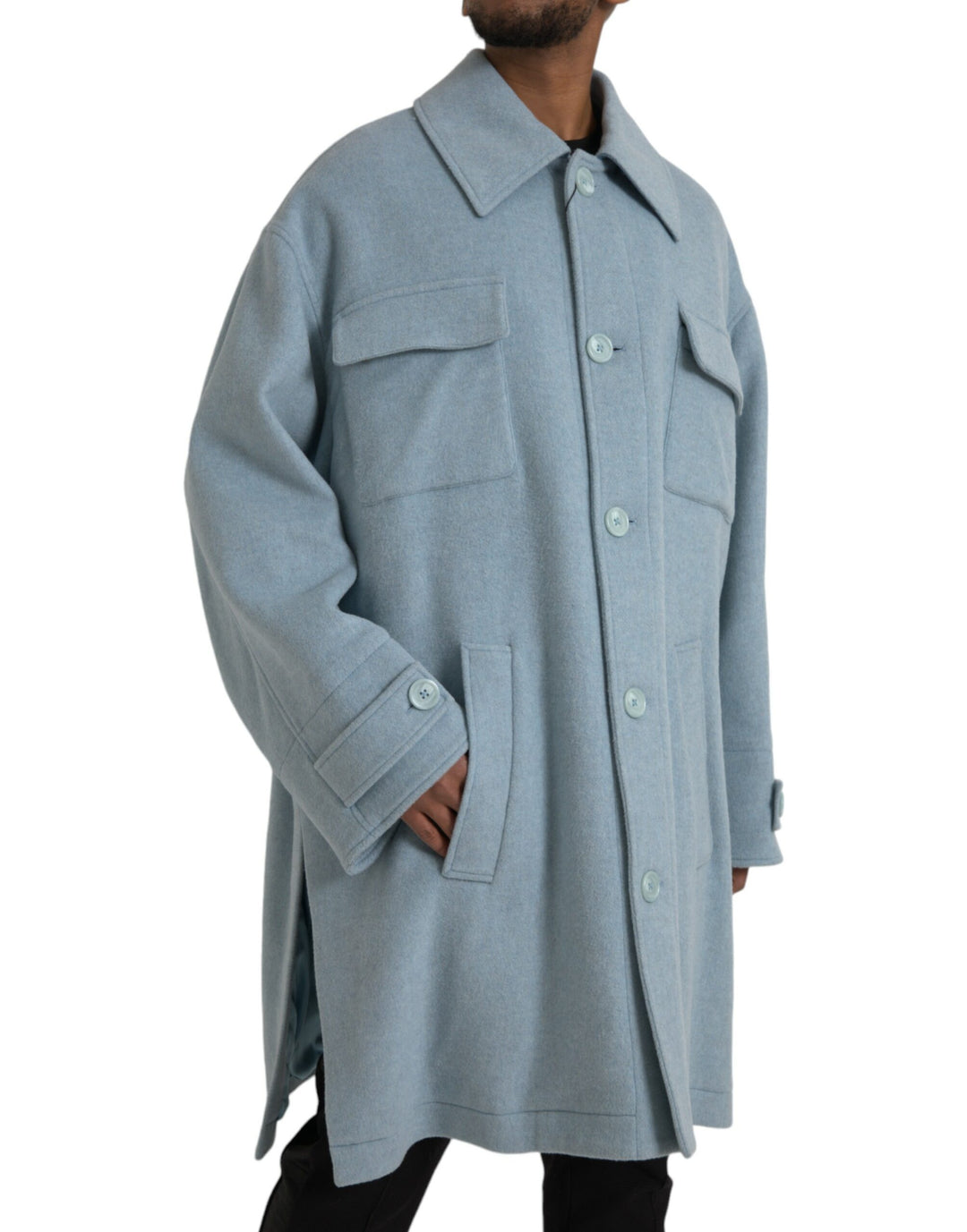 Dolce & Gabbana - Dolce & Gabbana Light Blue Wool Button Trench Coat Jacket - JKT3848 - 52 - Ask Me Wear