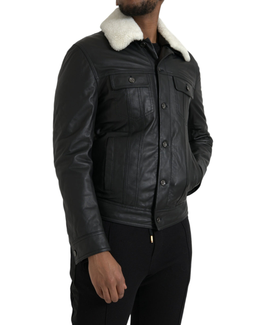 Dolce & Gabbana - Dolce & Gabbana Black Leather Fur Collar Biker Coat Jacket - JKT4049 - 46 - Ask Me Wear