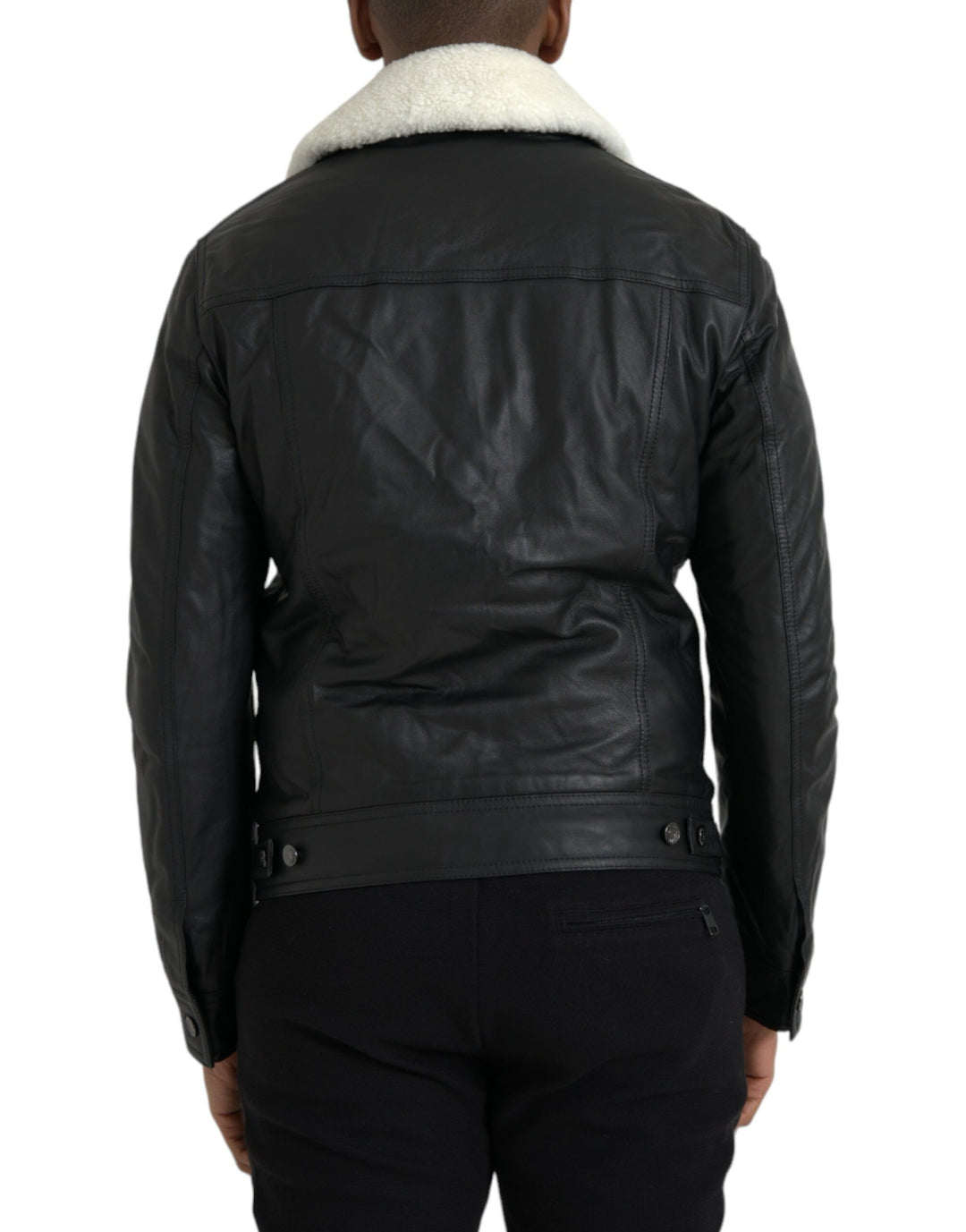 Dolce & Gabbana - Dolce & Gabbana Black Leather Fur Collar Biker Coat Jacket - JKT4049 - 46 - Ask Me Wear