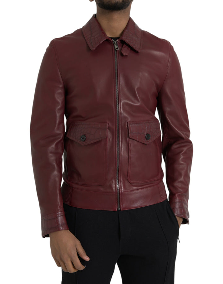 Dolce & Gabbana - Dolce & Gabbana Maroon Exotic Leather Zip Biker Coat Jacket - JKT4054 - 48 - Ask Me Wear