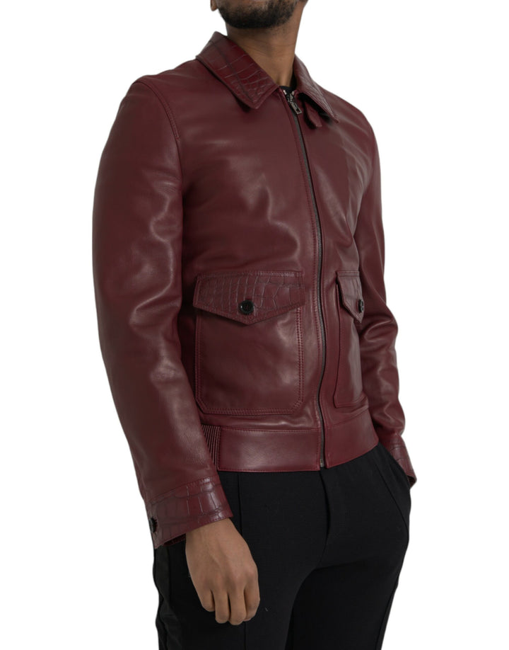 Dolce & Gabbana - Dolce & Gabbana Maroon Exotic Leather Zip Biker Coat Jacket - JKT4054 - 48 - Ask Me Wear