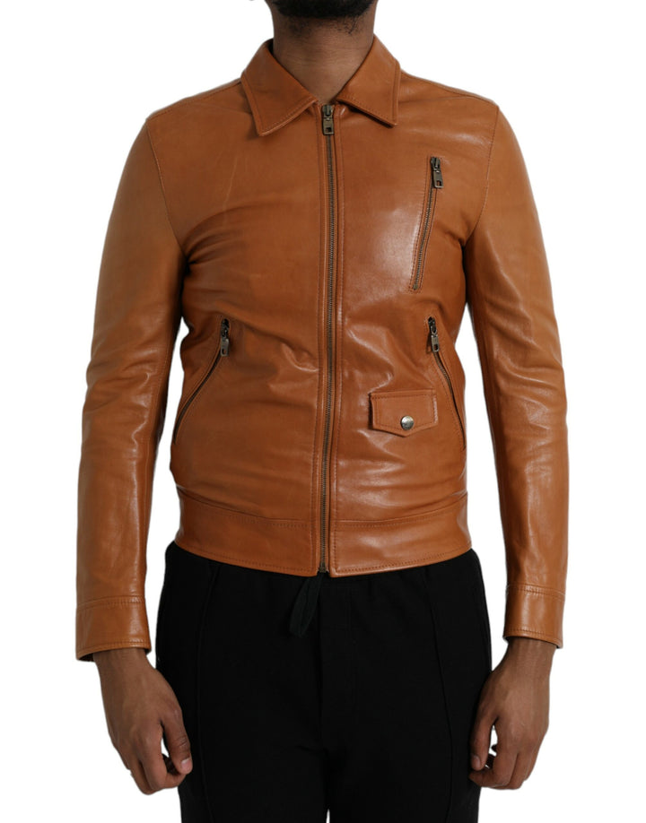 Dolce & Gabbana - Dolce & Gabbana Brown Lamb Leather Full Zip Blouson Jacket - JKT4047 - 44 - Ask Me Wear