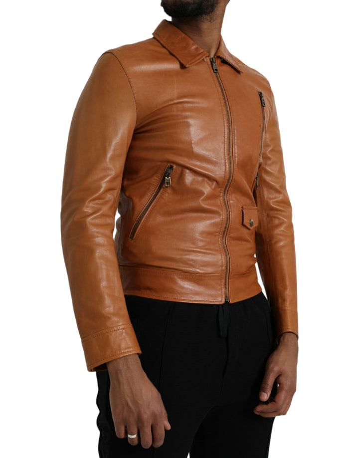 Dolce & Gabbana - Dolce & Gabbana Brown Lamb Leather Full Zip Blouson Jacket - JKT4047 - 44 - Ask Me Wear