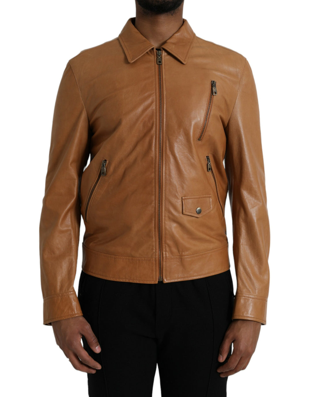 Dolce & Gabbana - Dolce & Gabbana Brown Lamb Leather Full Zip Blouson Jacket - JKT4048 - 50 - Ask Me Wear