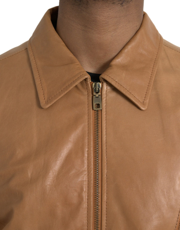 Dolce & Gabbana - Dolce & Gabbana Brown Lamb Leather Full Zip Blouson Jacket - JKT4048 - 50 - Ask Me Wear