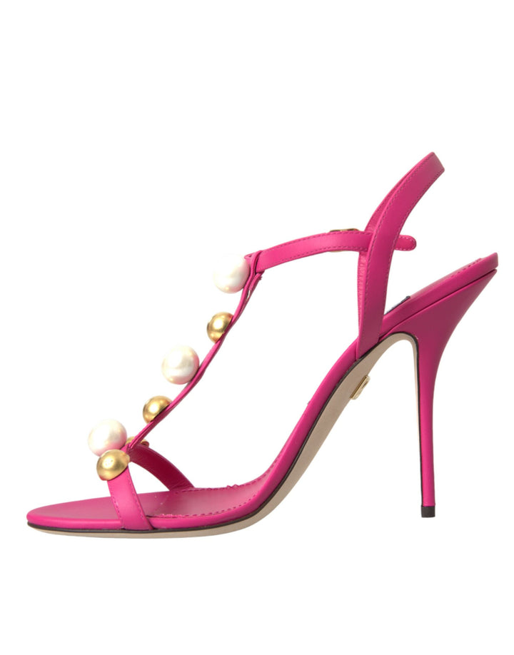 Dolce & Gabbana Pink Embellished Leather Sandals Heels Shoes