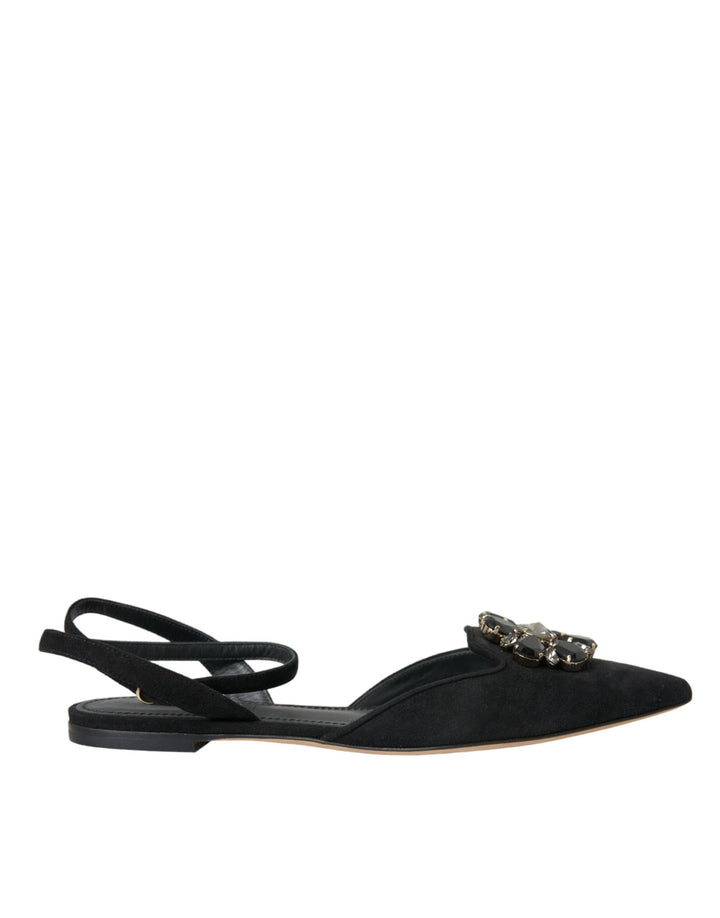 Dolce & Gabbana Black Leather Crystal Slingback Sandals Shoes