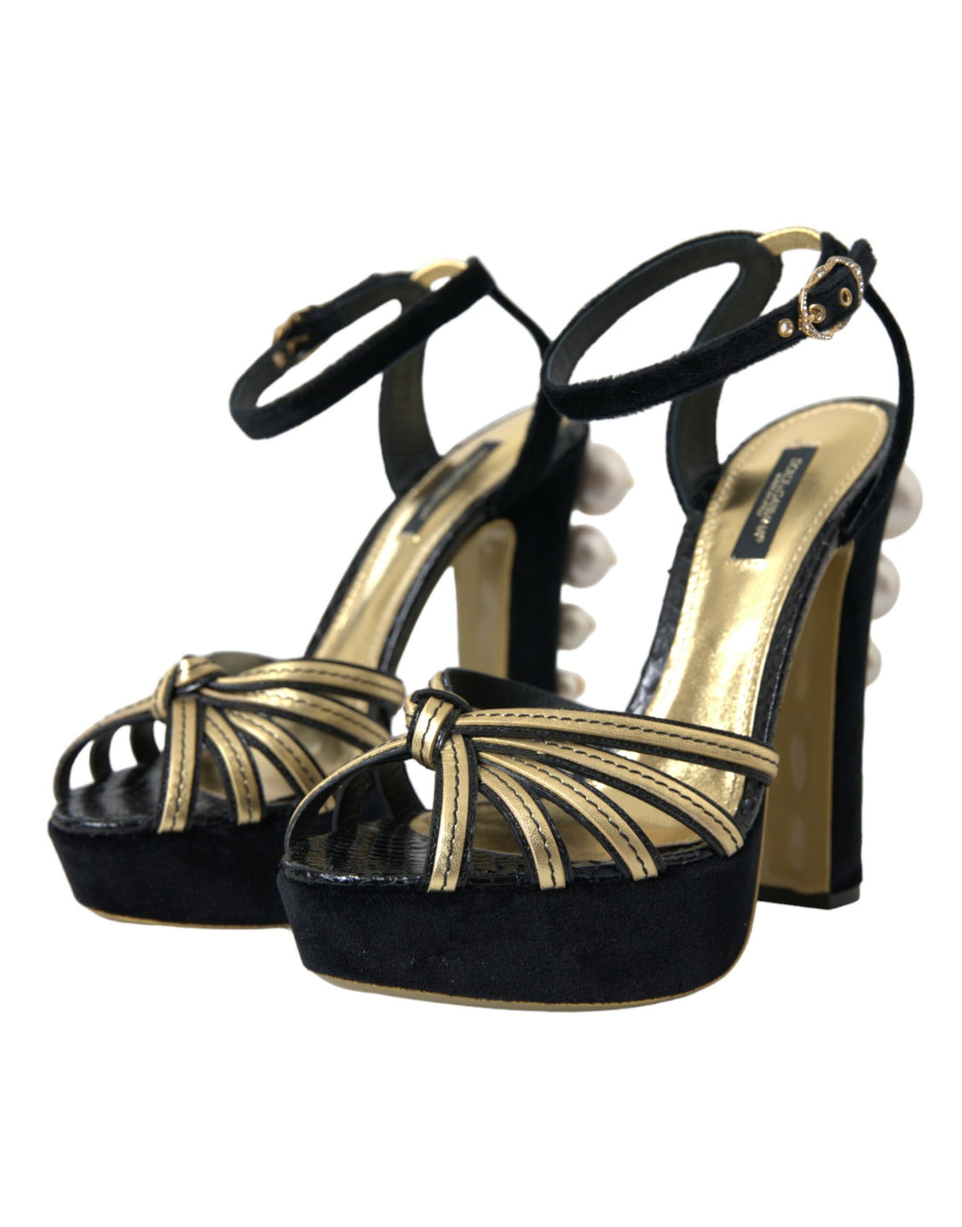 Dolce & Gabbana Black Gold Embellished Heels Sandals Shoes