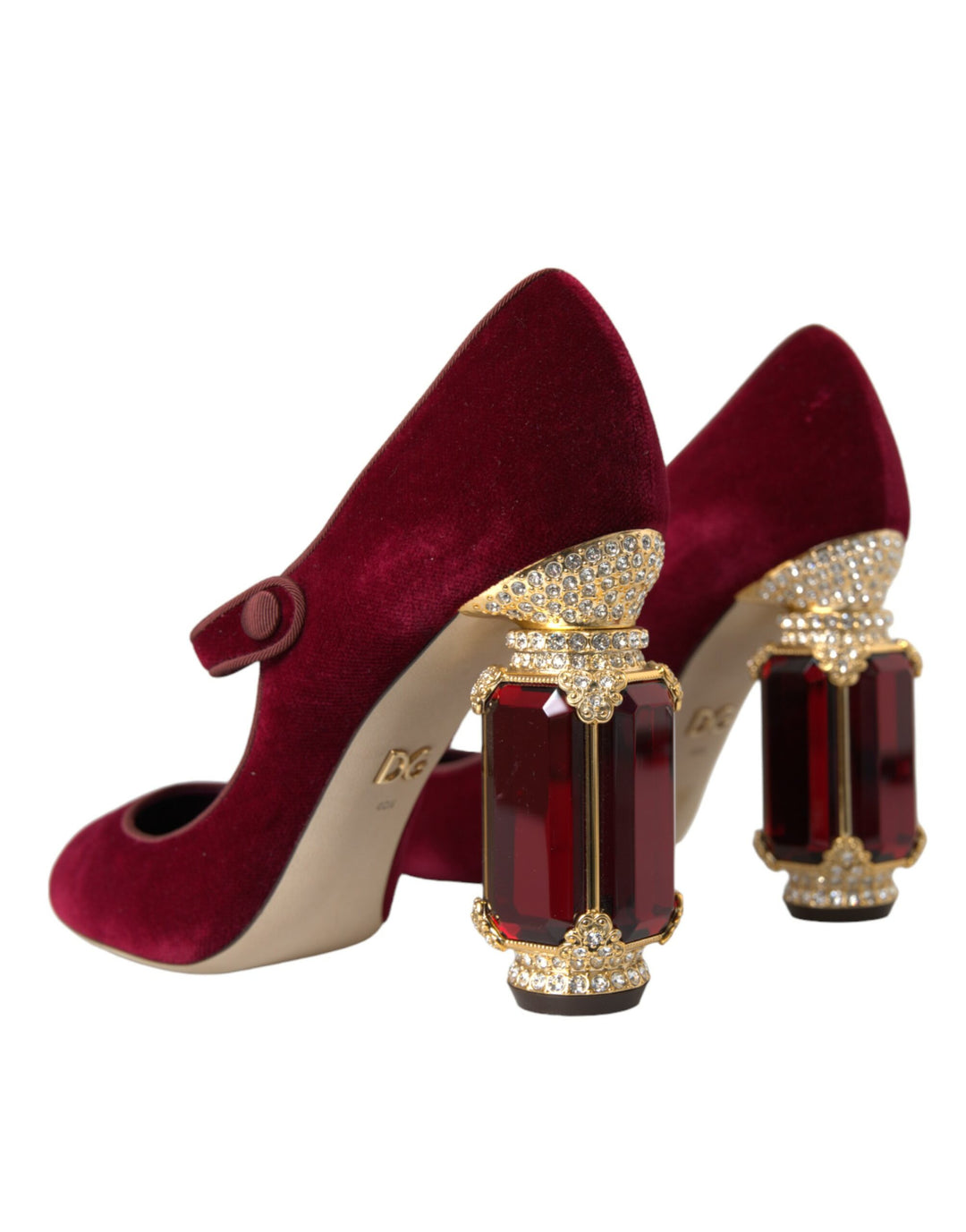 Dolce & Gabbana Red Velvet Gold Crystals Heels Mary Jane Shoes