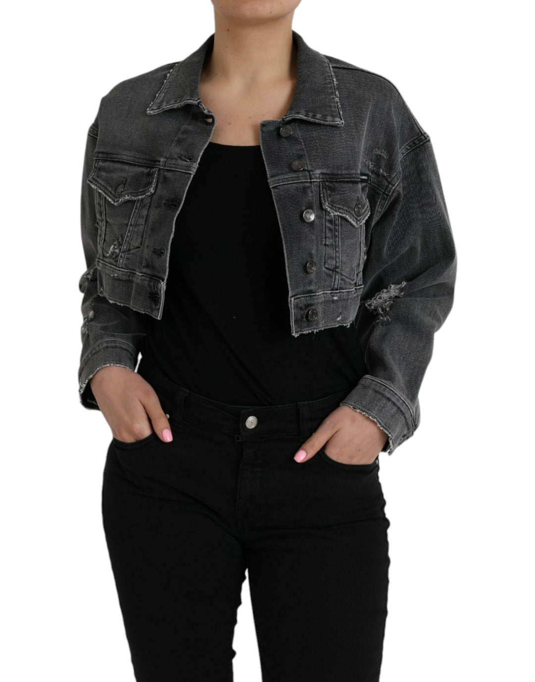 Dolce & Gabbana - Dolce & Gabbana Dark Gray Cotton Stretch Cropped Denim Jacket - JKT3825 - 40 - Ask Me Wear